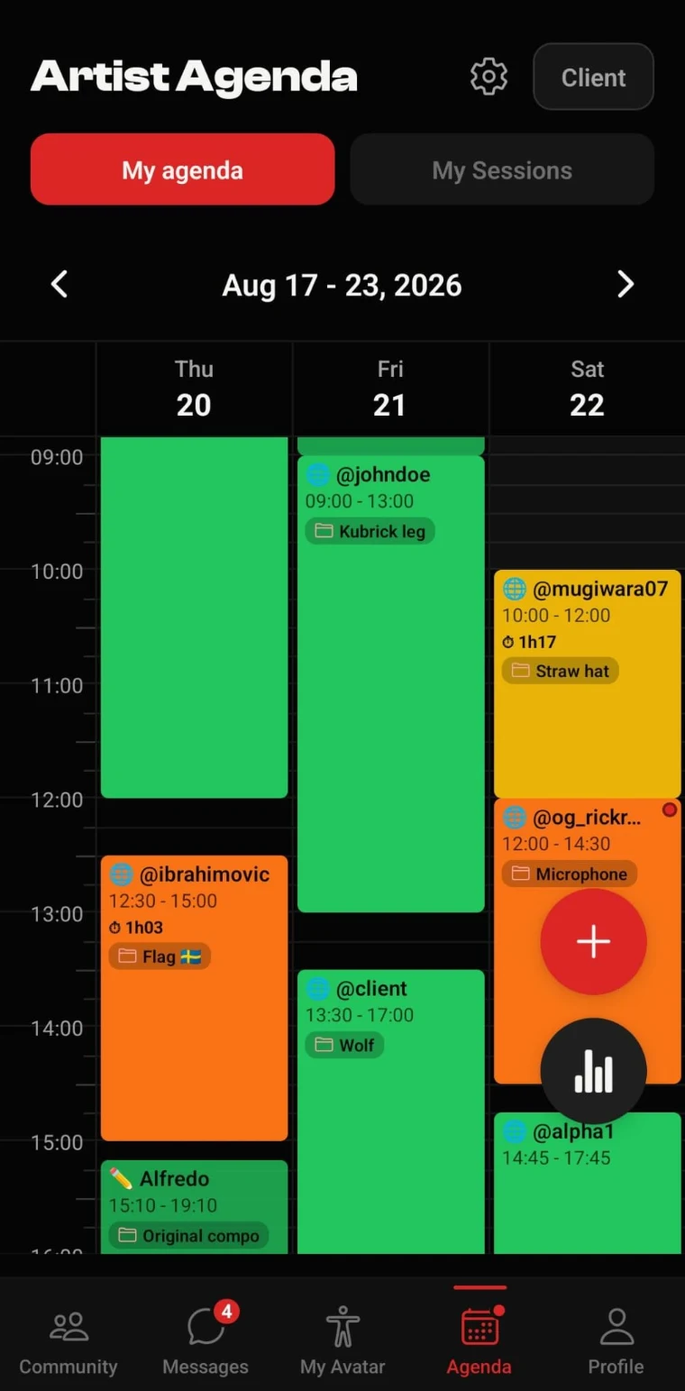 Artist calendar: week view with sessions laid out on the hour grid