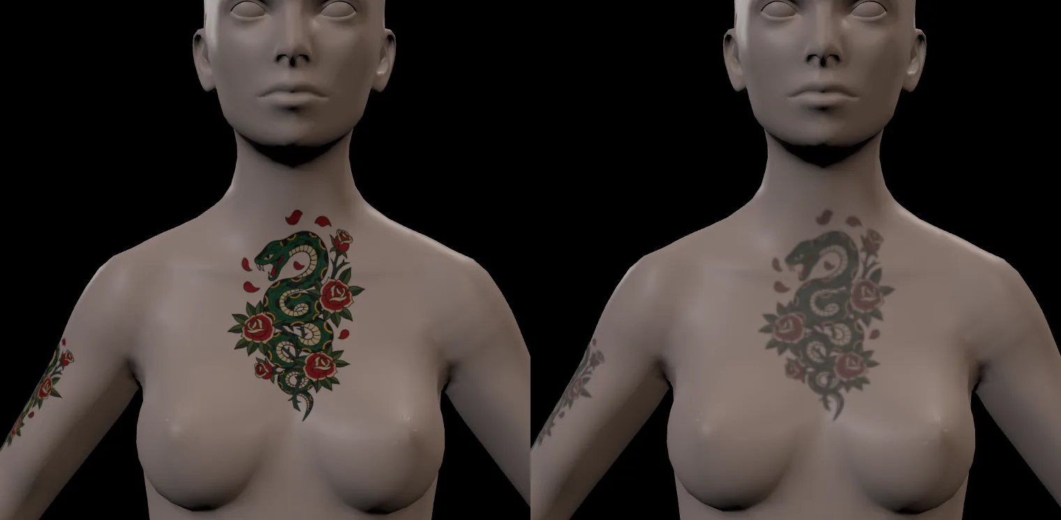 The same chest tattoo, freshly done on the left and aged on the right