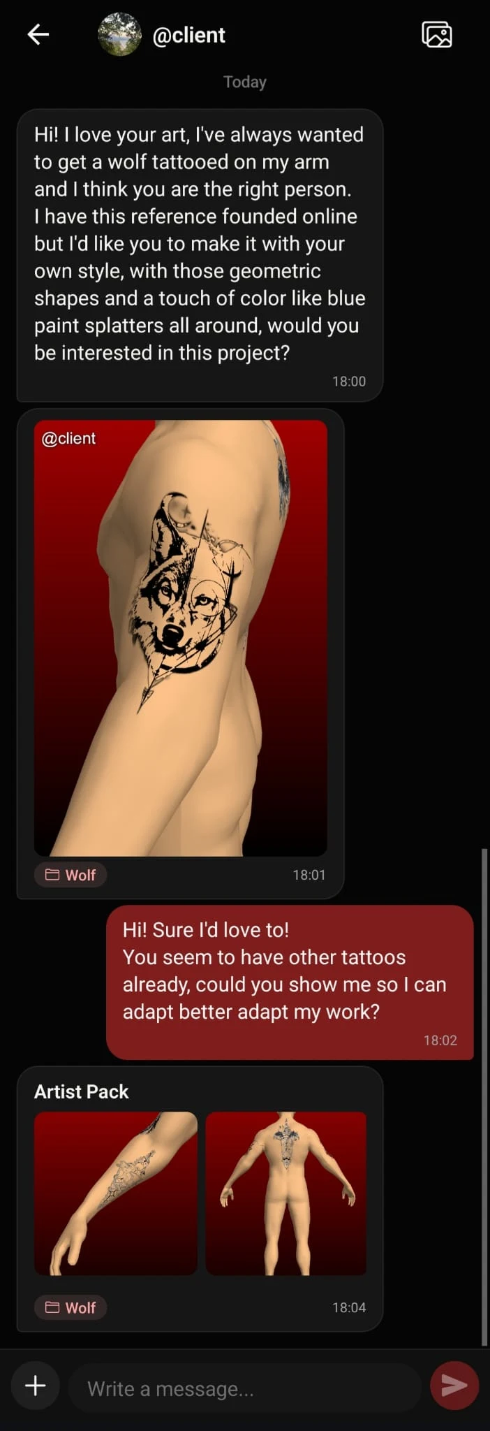 A conversation between a client and their tattoo artist inside INK3D