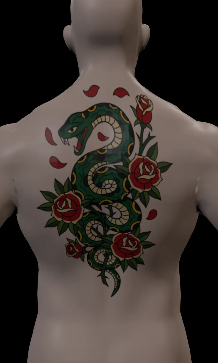 Snake tattoo spread across the upper back of a 3D avatar, following the curve of the skin