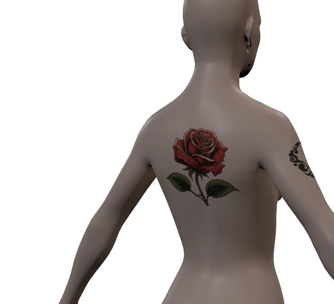 A body wearing two different tattoos: a rose on the back, a crescent moon on the arm