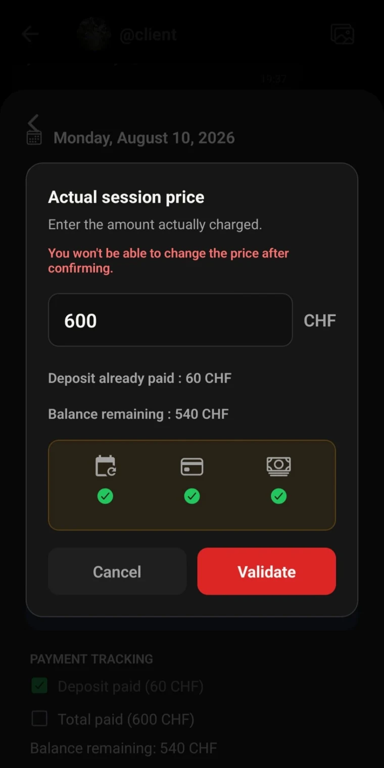 Entering the real session price, deposit already paid and balance remaining