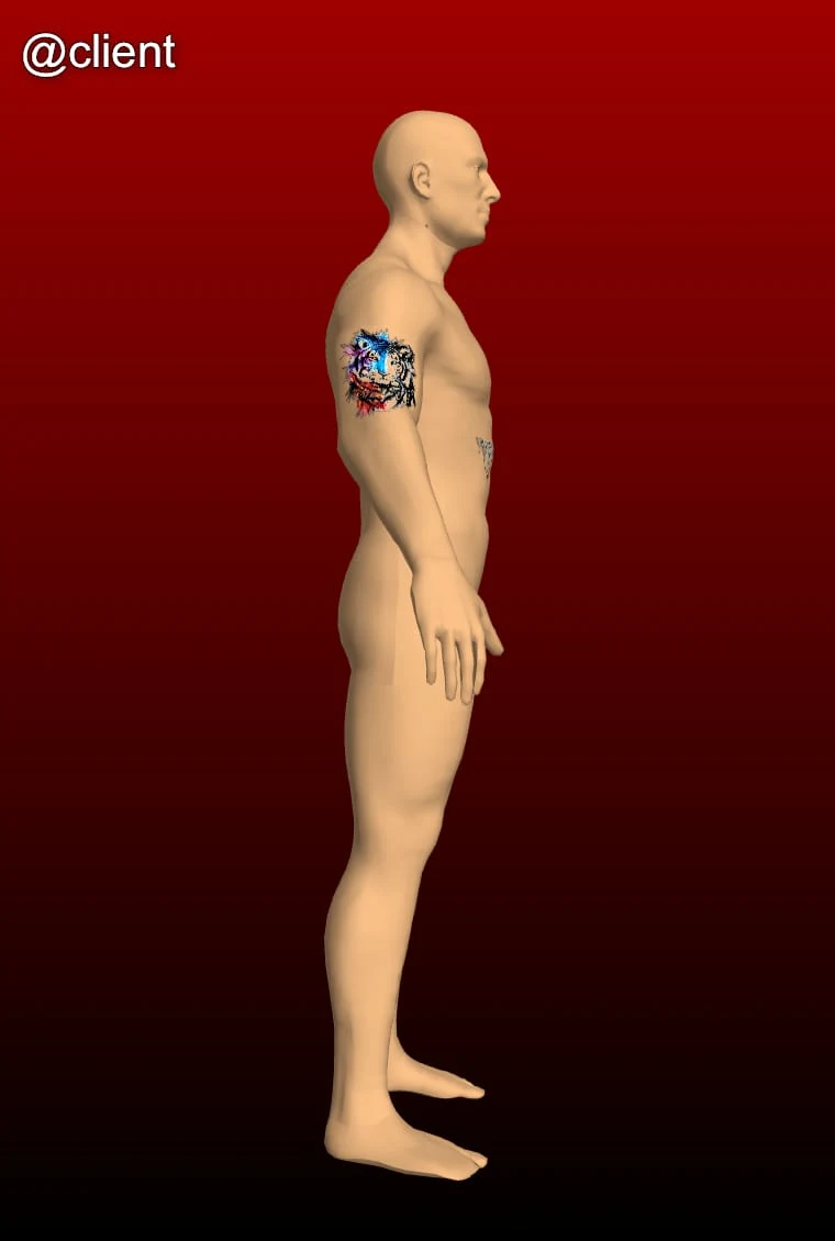 Side view, tattooed shoulder on the 3D avatar