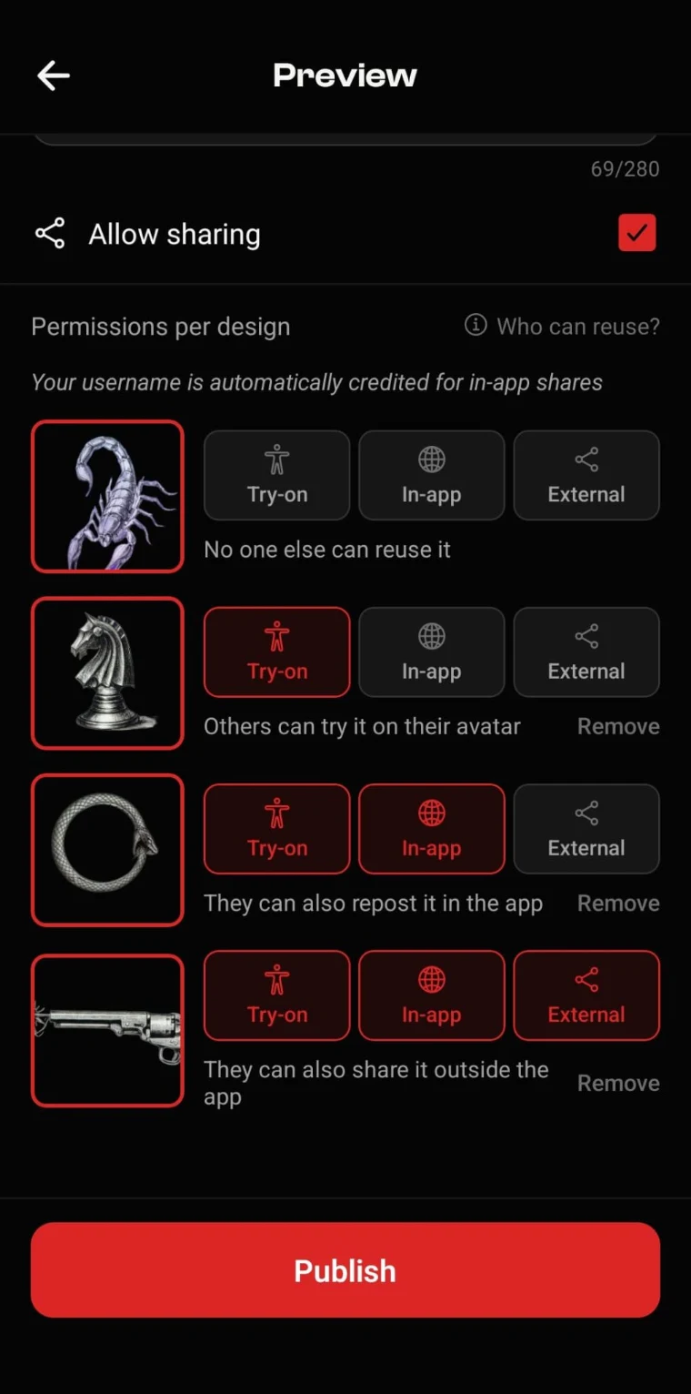 Per-design permissions: try-on, in-app repost and outside sharing, switched on one by one