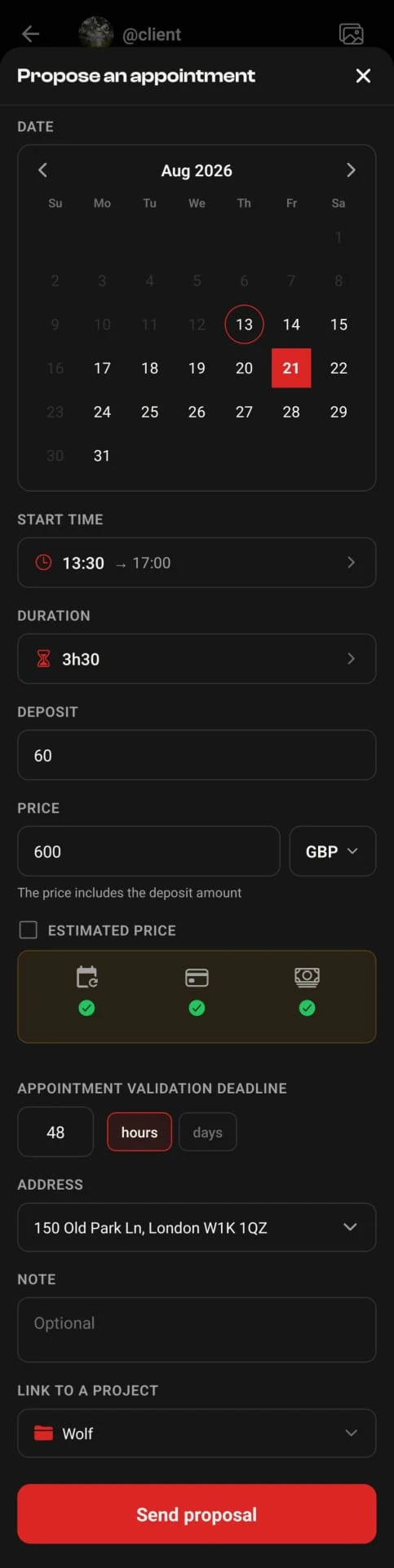 Appointment proposal: date, length, deposit, price and currency