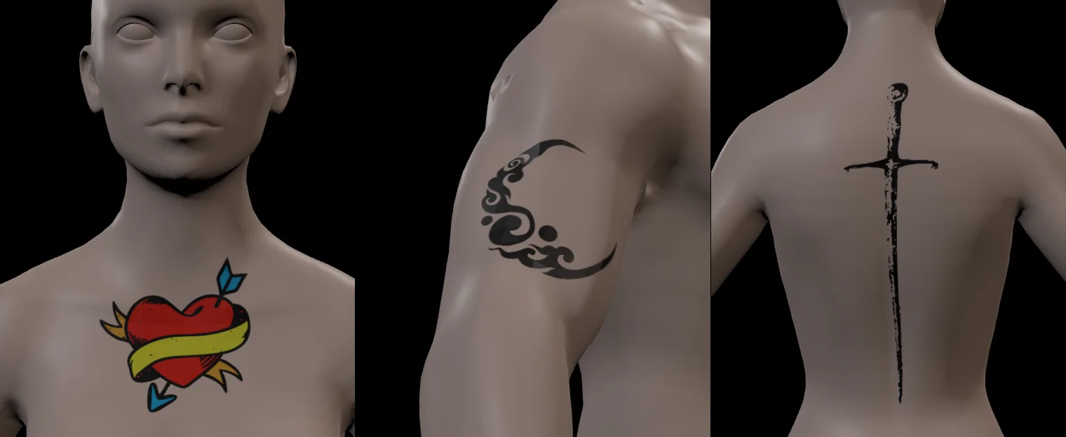 Three designs on three spots: a heart on the chest, a moon on the arm, a sword down the back