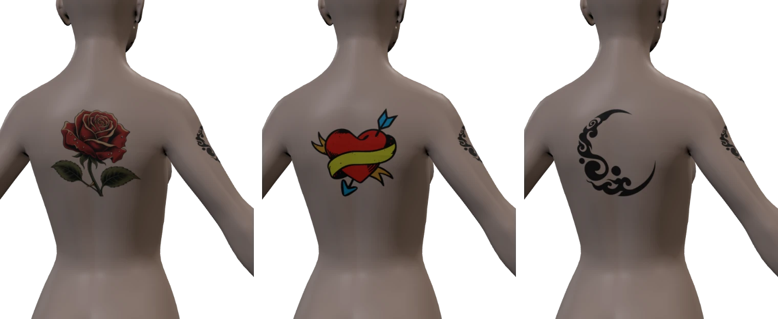 The same spot on the back wearing three different designs, one after the other
