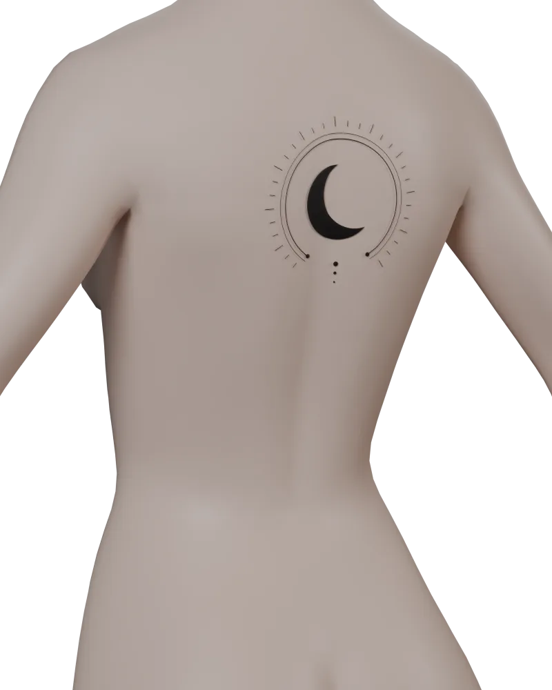 3D avatar wearing a tattoo projected on the shoulder blade