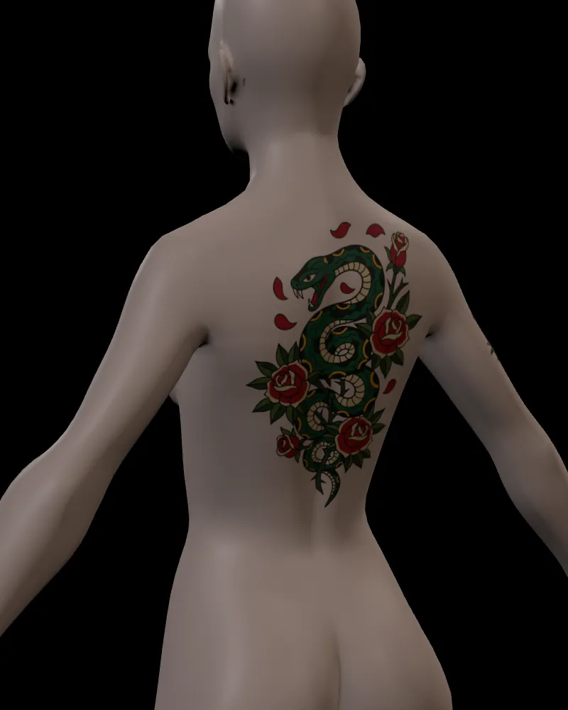 Snake tattoo spread across the back of a 3D avatar